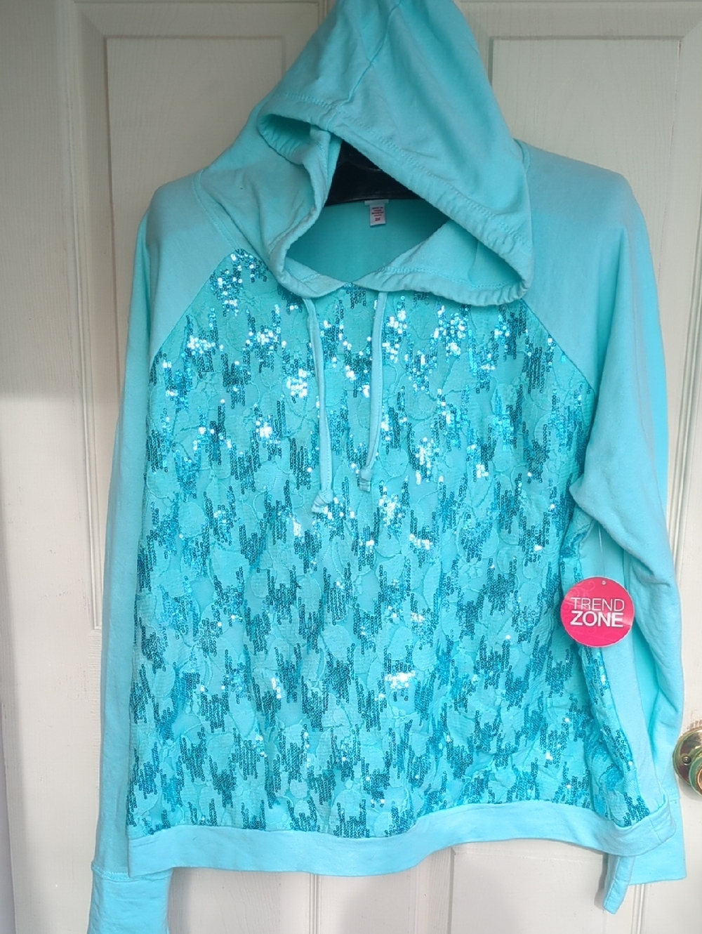 Bongo women's plus 3X LS Aruba Blue Sequin Front Hoodie New